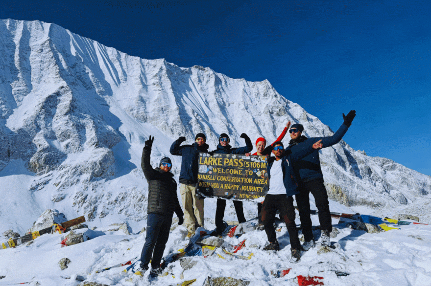 Trekkers at Larke Pass on the Manaslu Circuit