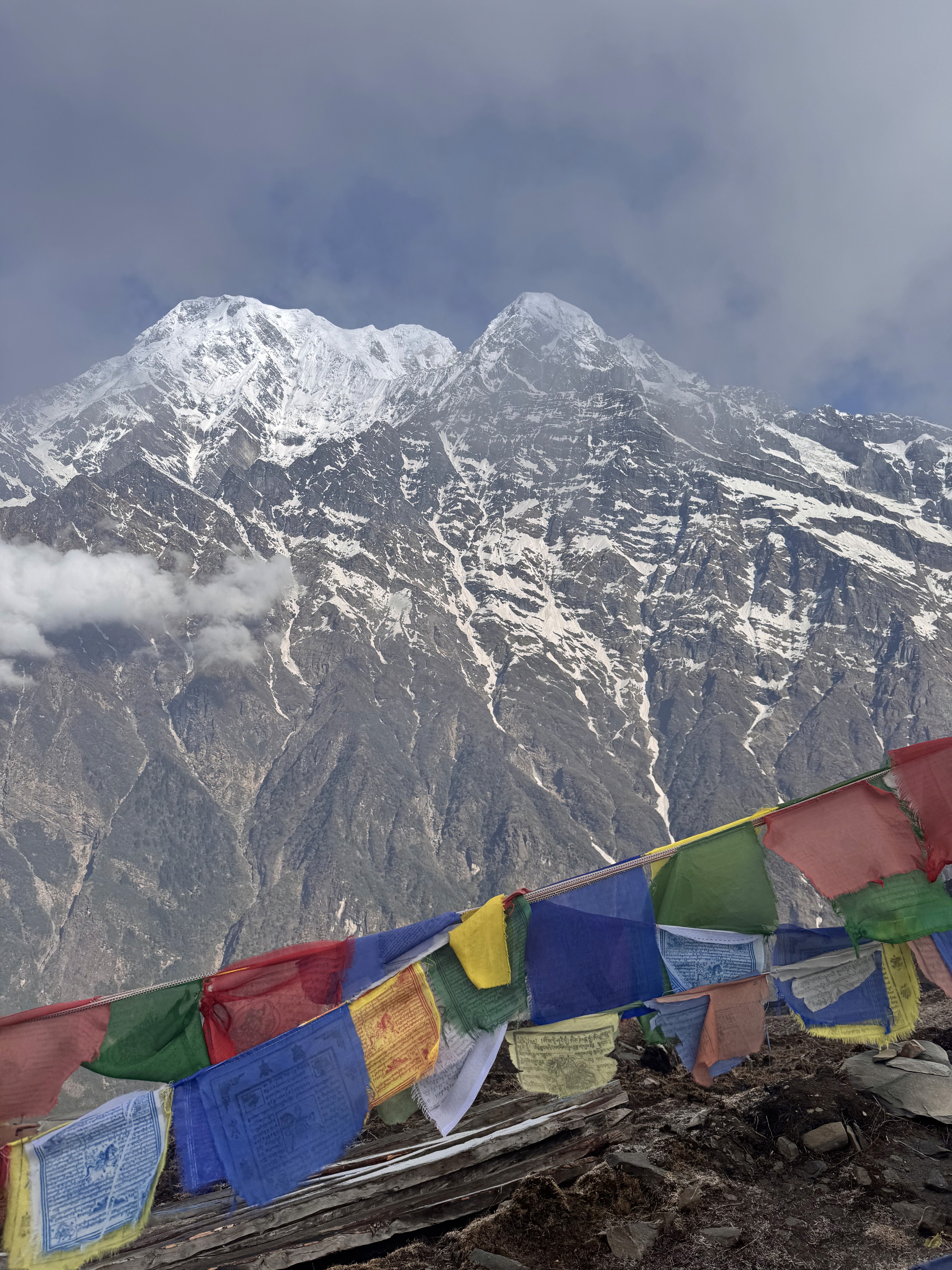 Prayer flags with snow-capped peaks